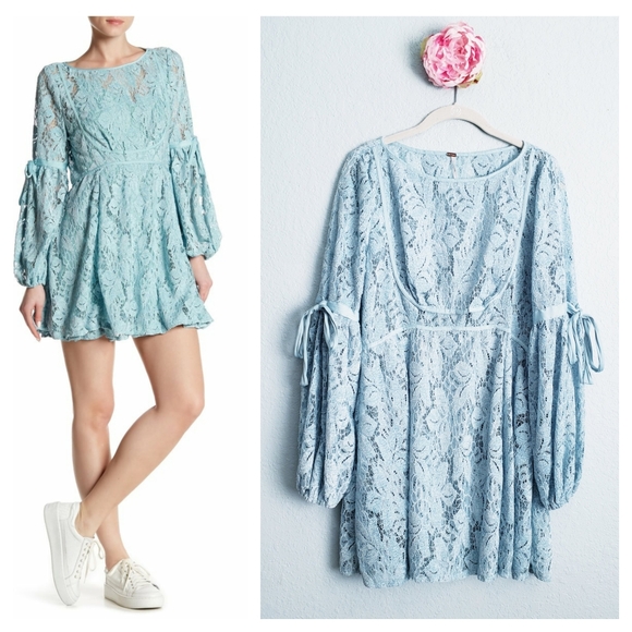 Free People Ruby Blue Longsleeve Lace Dress - Picture 1 of 6